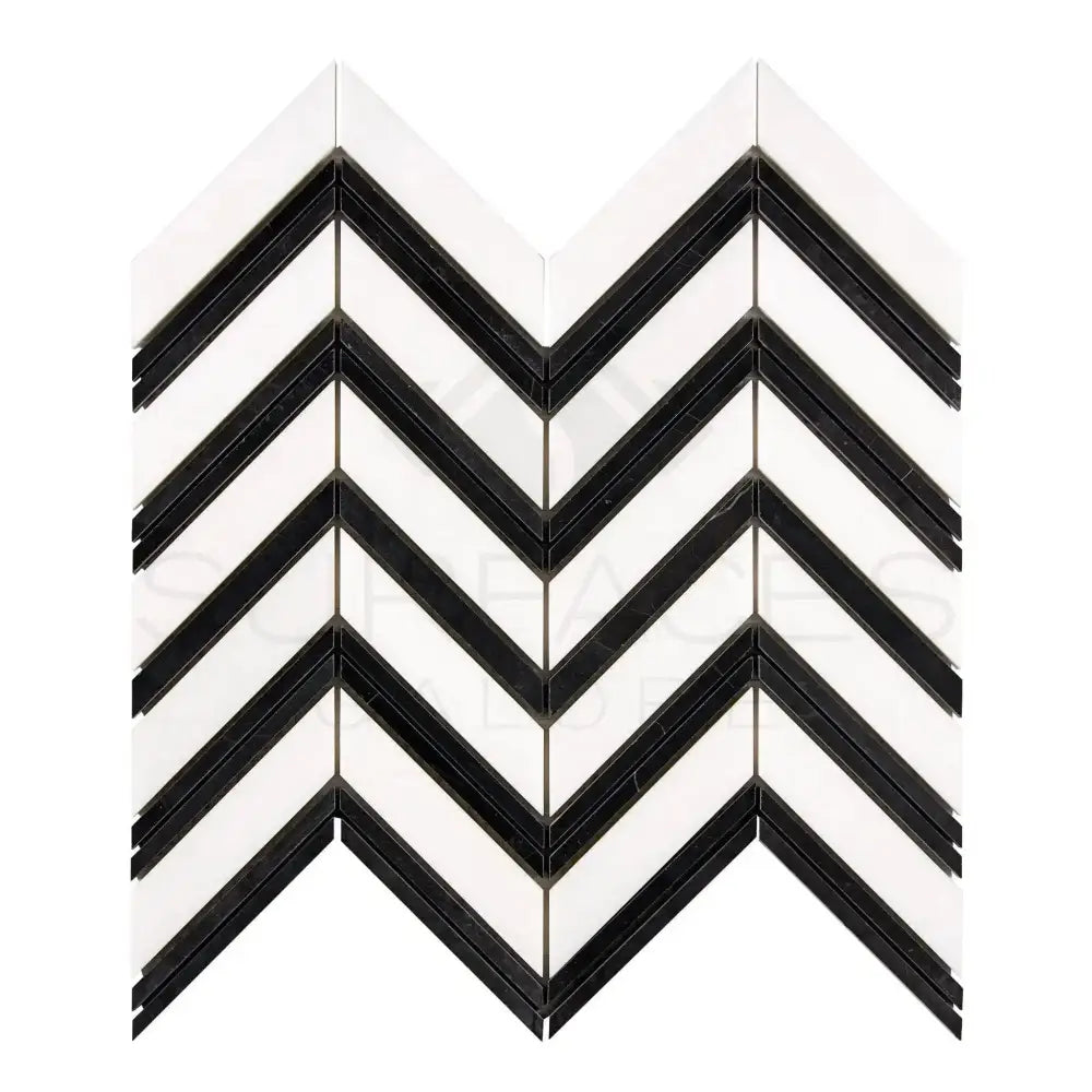Black and white chevron mosaic tile from Thassos Supreme Large Chevron collection