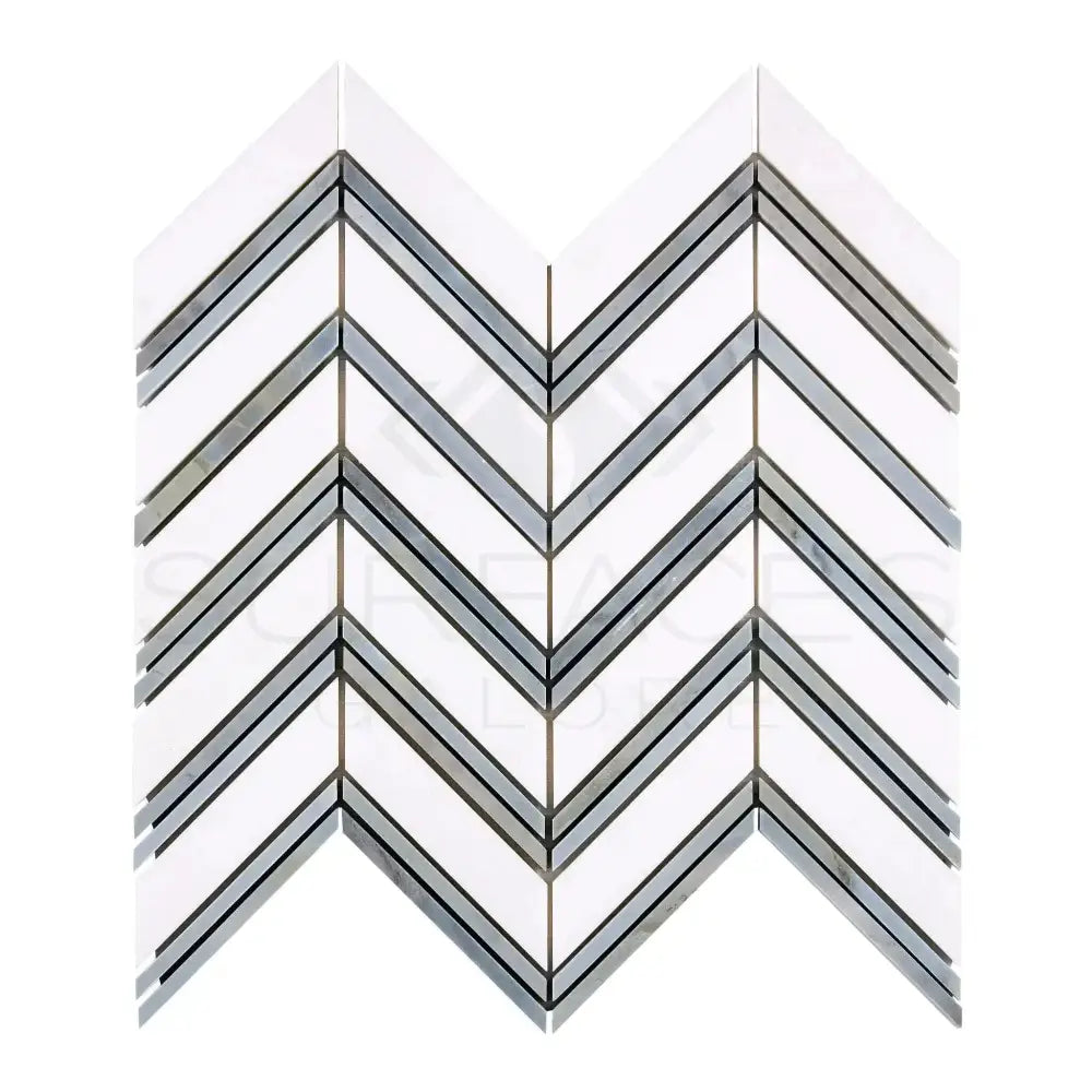 Chevron patterned tile mosaic in Thassos Supreme Large Chevron Blue-Gray Marble