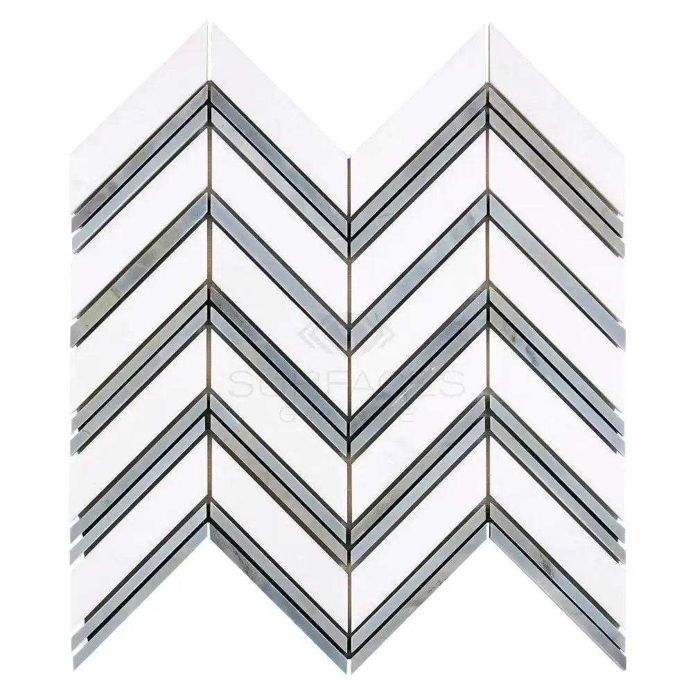 Chevron patterned tile mosaic in Thassos Supreme Large Chevron Blue Gray Marble