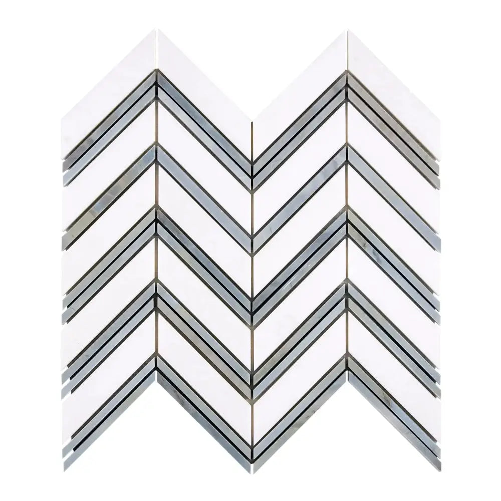 Chevron patterned marble tile in Thassos Supreme Large Chevron Mosaic with Blue-Gray finish