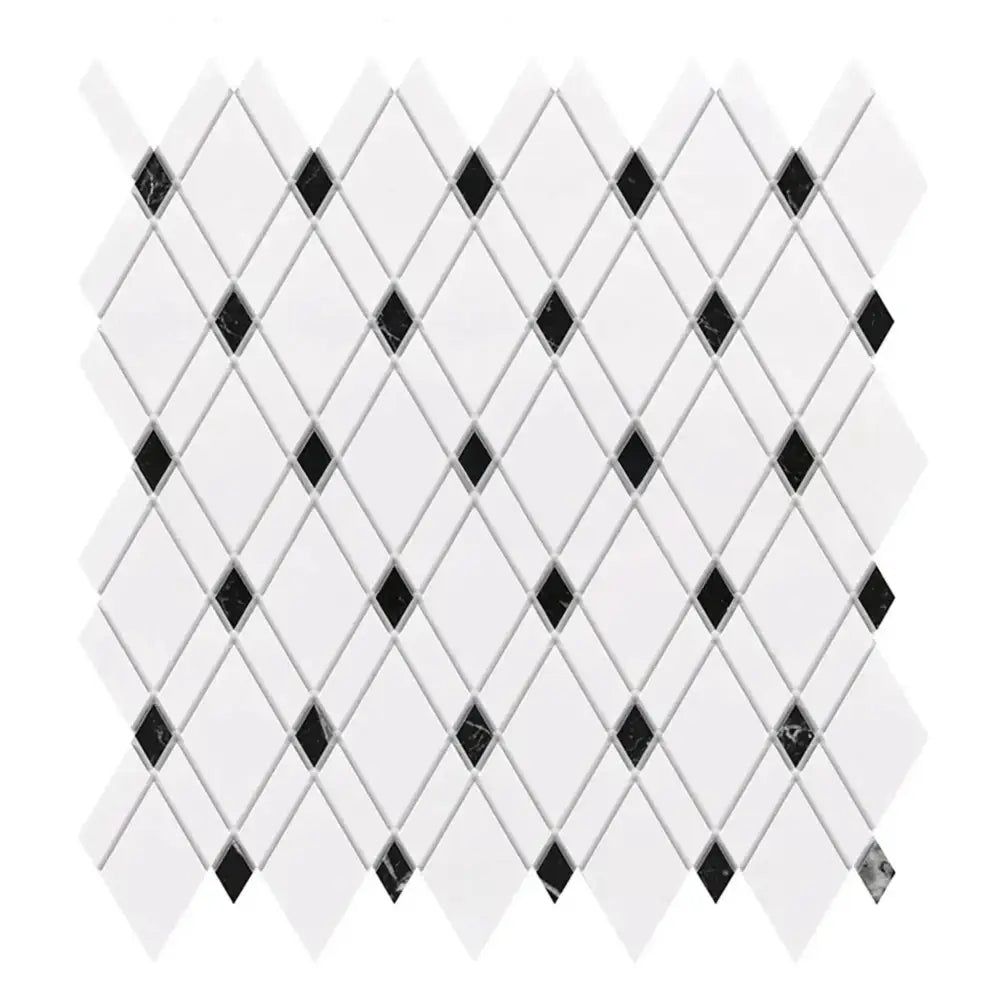 Diamond-patterned tile mosaic in Thassos Supreme Lattice marble for elegant flooring or walls