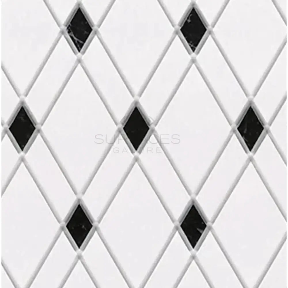 Diamond-patterned Thassos Supreme Lattice Mosaic Marble with black accents