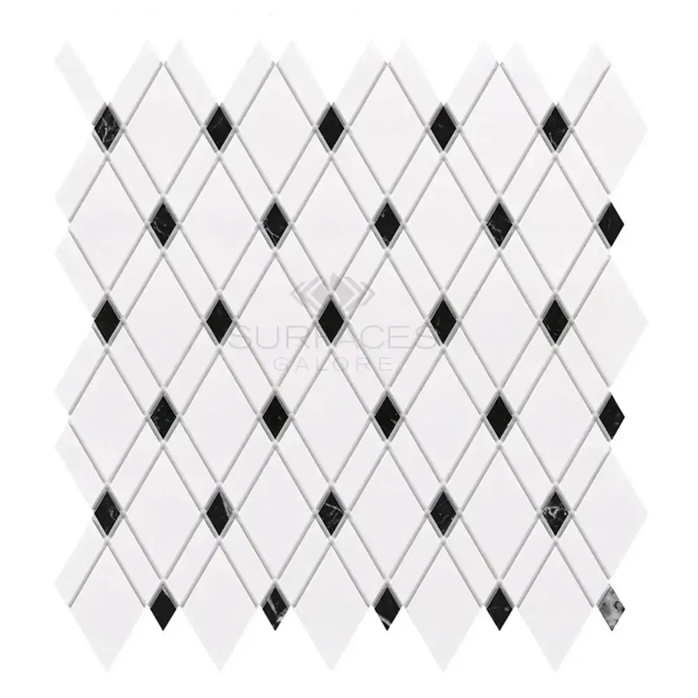 Diamond-patterned mosaic tile sheet from Thassos Supreme Lattice collection featuring polished or honed marble