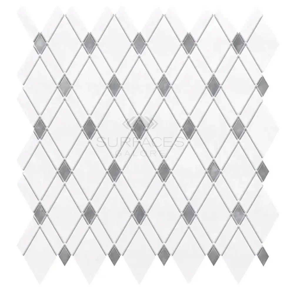 Diamond-patterned white and gray Thassos Supreme Mosaic Marble tile for elegant surfaces