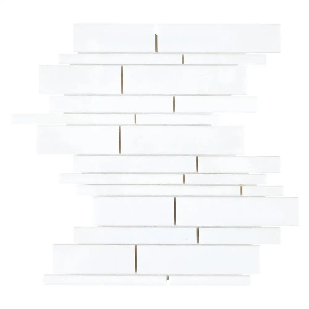 White rectangular mosaic tiles from Thassos Supreme Manhattan Random-Strip Marble Collection