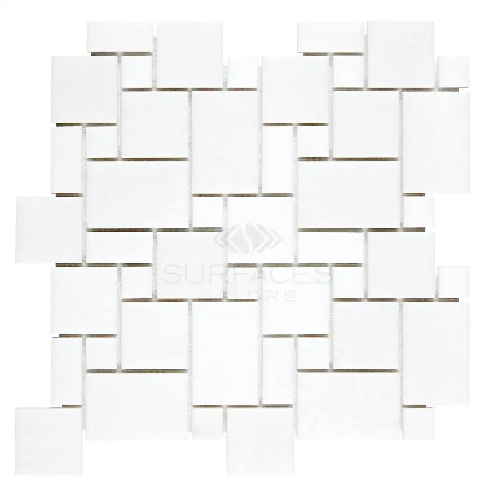 White geometric tile mosaic from Thassos Supreme Mini-Versailles Pattern Marble