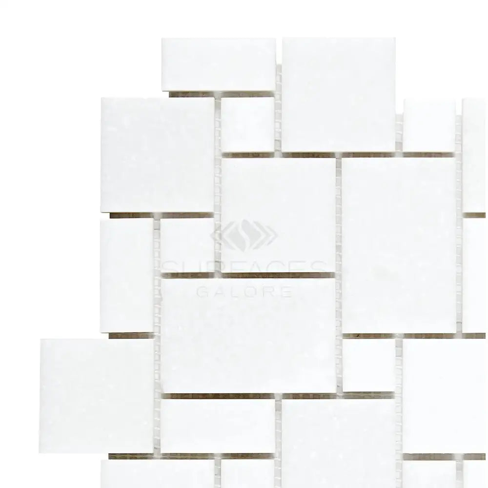 White mosaic tile pattern from Thassos Supreme Mini-Versailles marble mosaic product