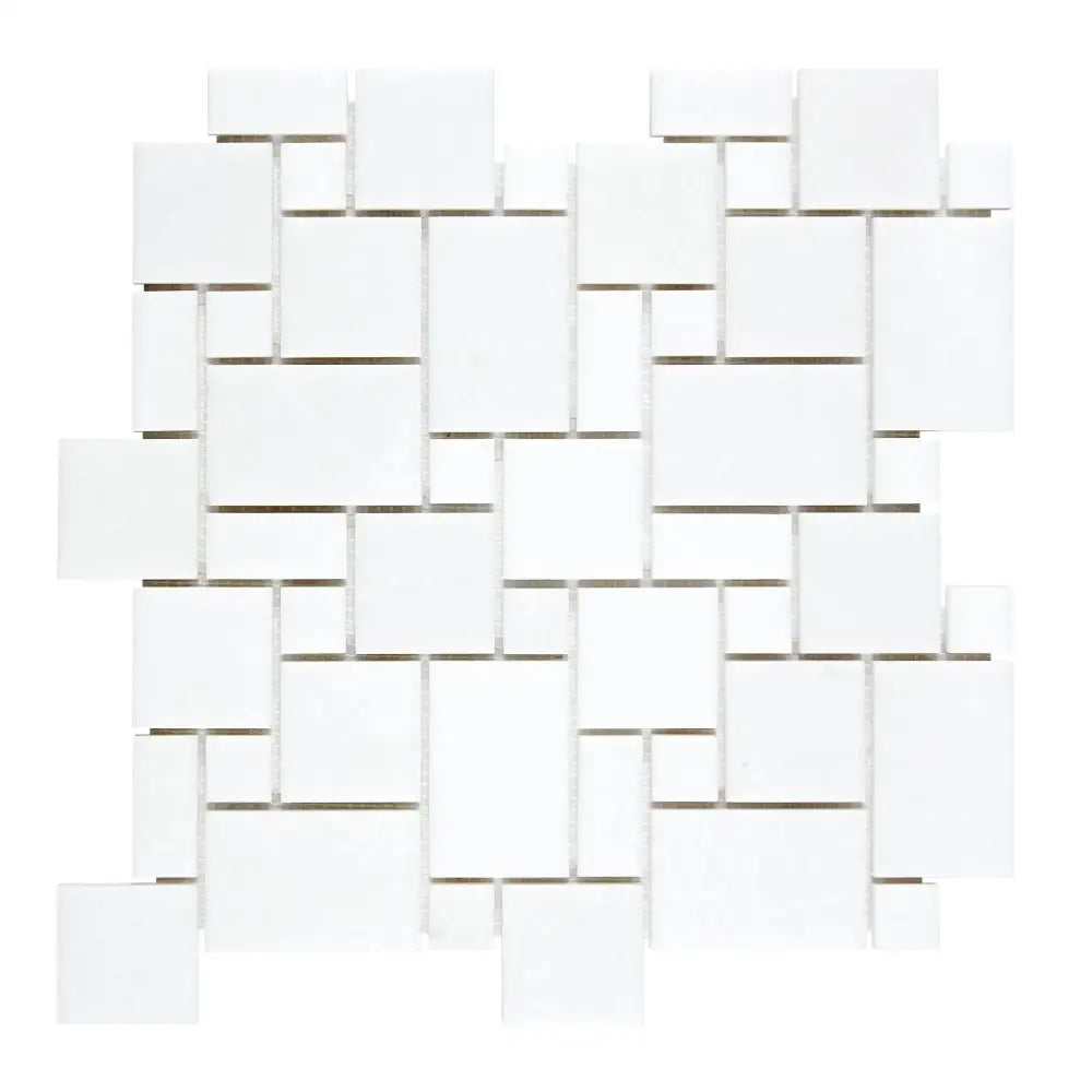 White mosaic tile sheet of Thassos Supreme Mini-Versailles Pattern Marble
