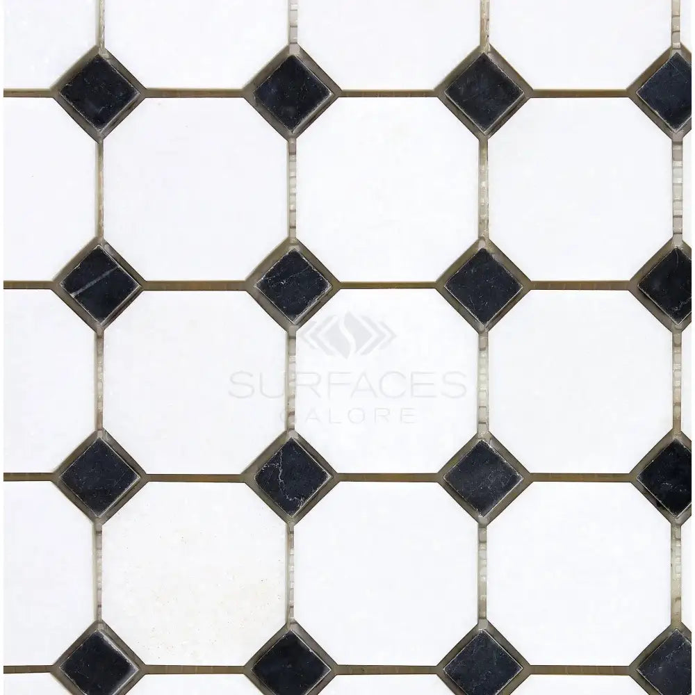 Black and white octagon tile pattern on Thassos Supreme Marble Mosaic for elegant flooring