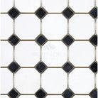Black and white octagon tile pattern on Thassos Supreme Marble Mosaic for elegant flooring