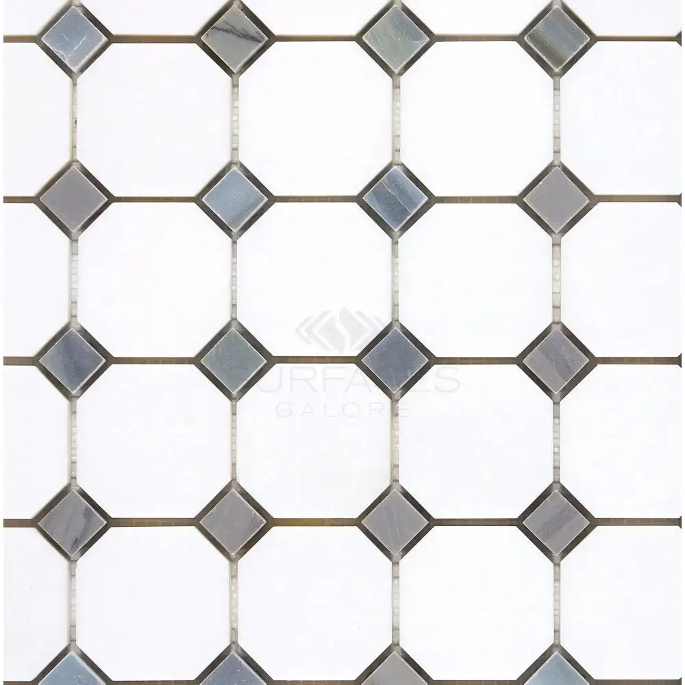 Geometric tile pattern in Thassos Supreme Octagon Blue-Gray Marble Mosaic