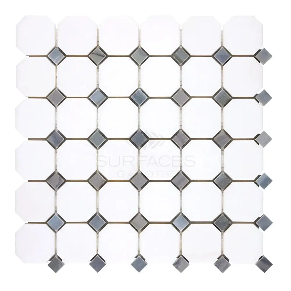 Octagon and diamond tile mosaic from Thassos Supreme Marble collection with blue-gray finish