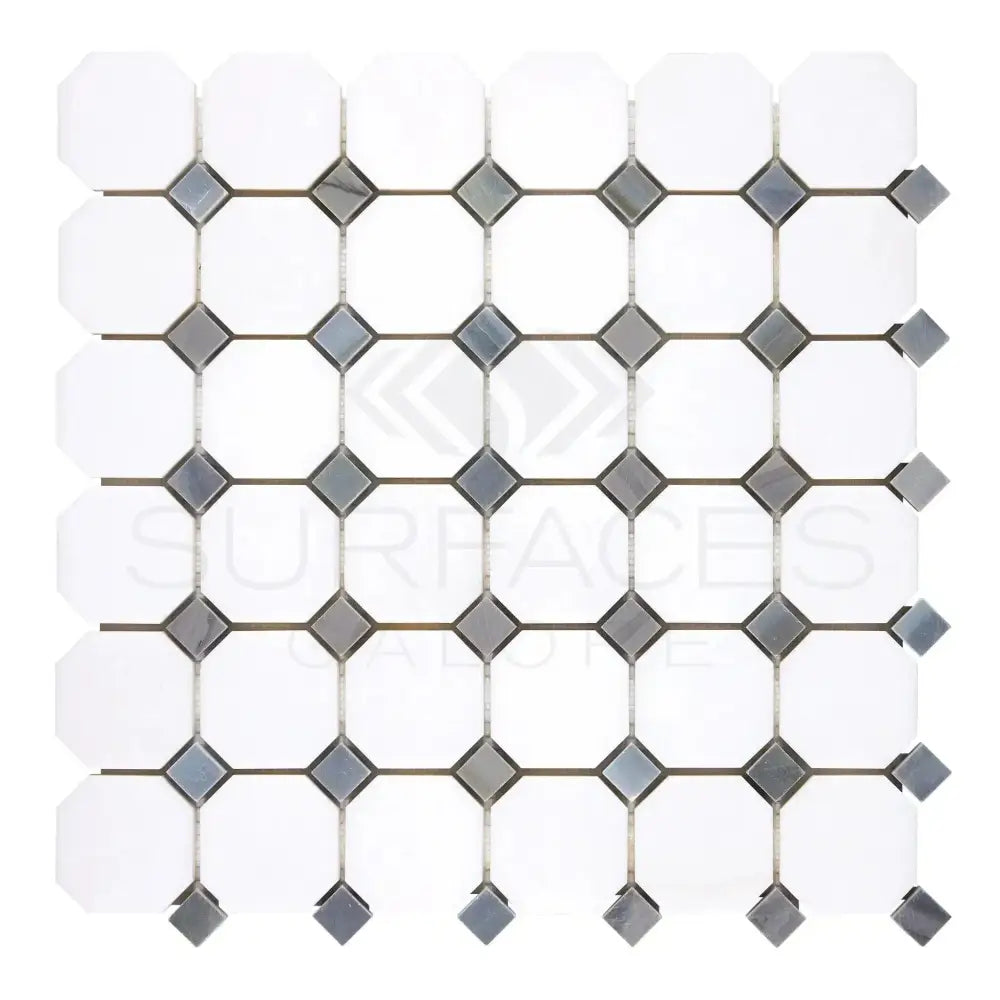 Thassos Supreme Octagon and Diamond Mosaic Tile Sheet in Blue-Gray Marble Finish
