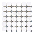 Thassos Supreme Octagon and Diamond Mosaic Tile Sheet in Blue-Gray Marble Finish