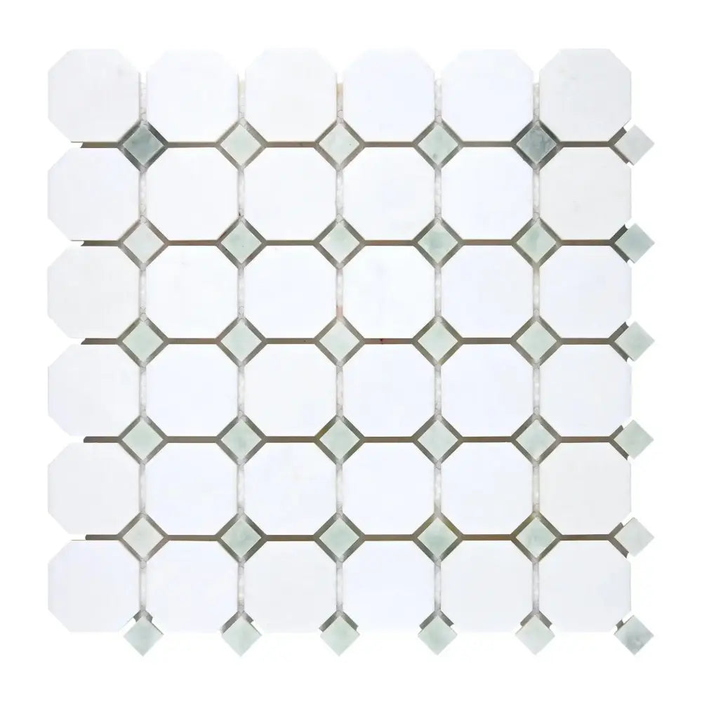 White Octagon and Square Tile Mosaic for Thassos Supreme Octagon Ming-Green Marble