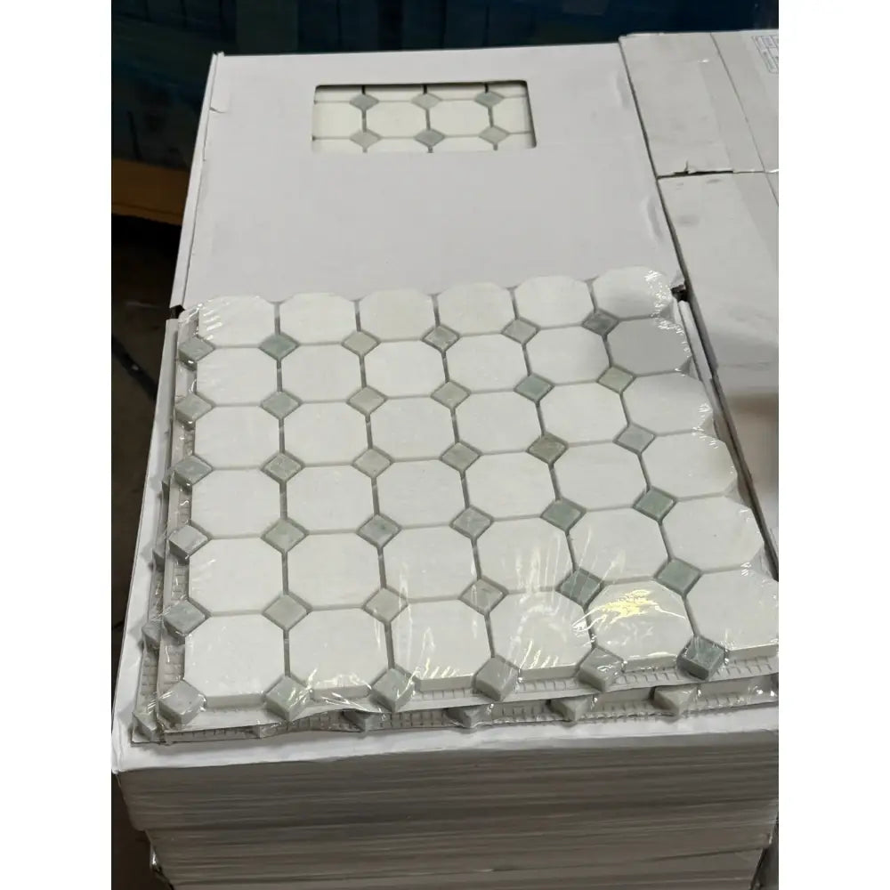 Thassos Supreme Octagon Mosaic Marble Tile Sheets with Ming-Green finish