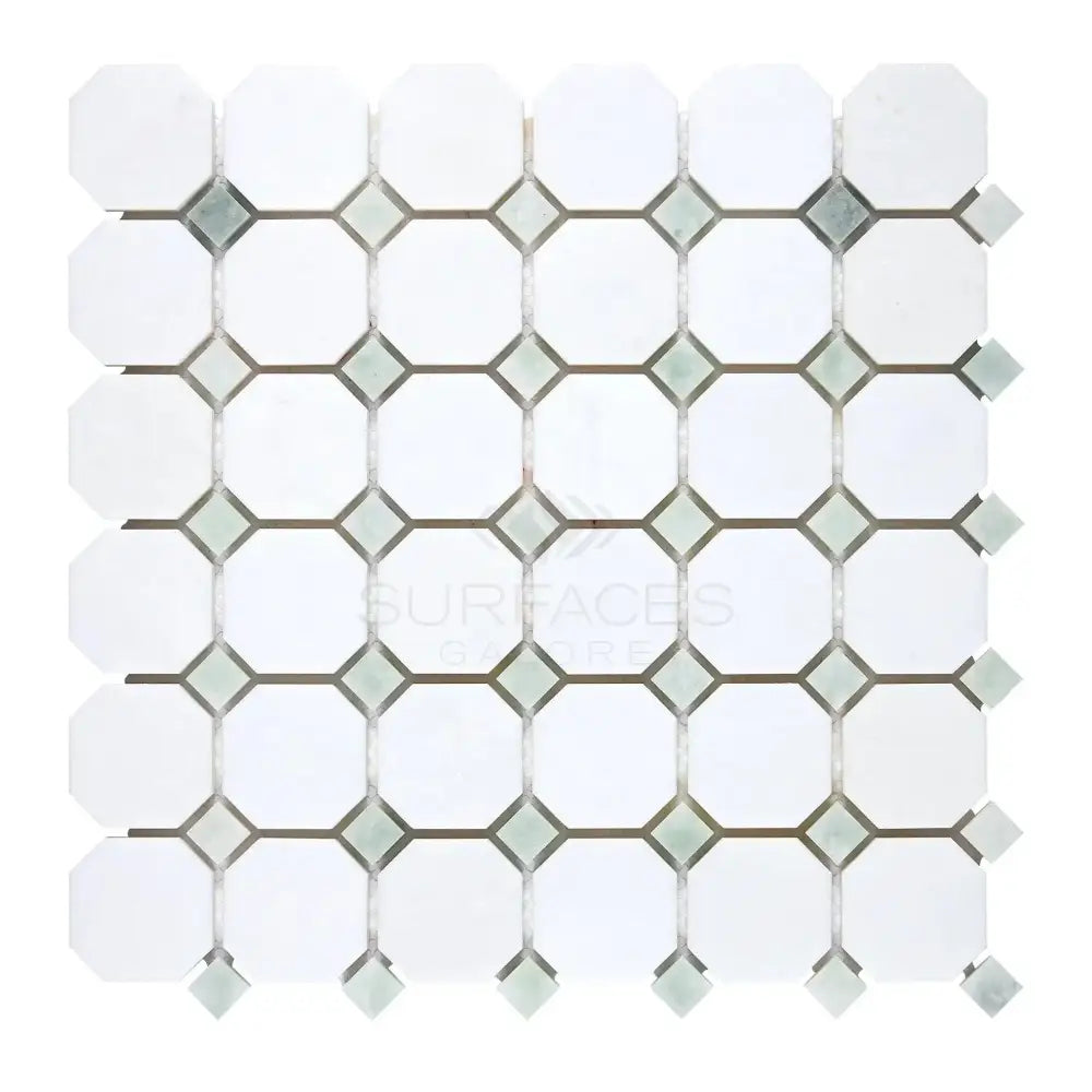 White octagon and green square marble mosaic tile for Thassos Supreme Octagon with Ming-Green