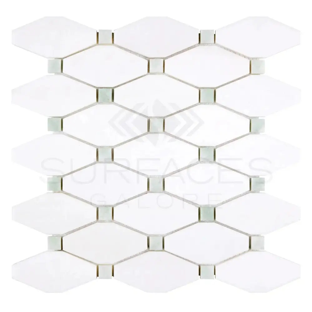 White diamond mosaic tile from Thassos Supreme Octave with Ming-Green accents
