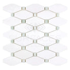 White diamond mosaic tile from Thassos Supreme Octave with Ming-Green accents