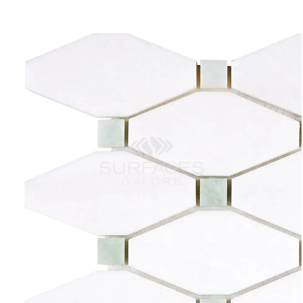 White geometric tile mosaic from Thassos Supreme Octave with Ming-Green accents