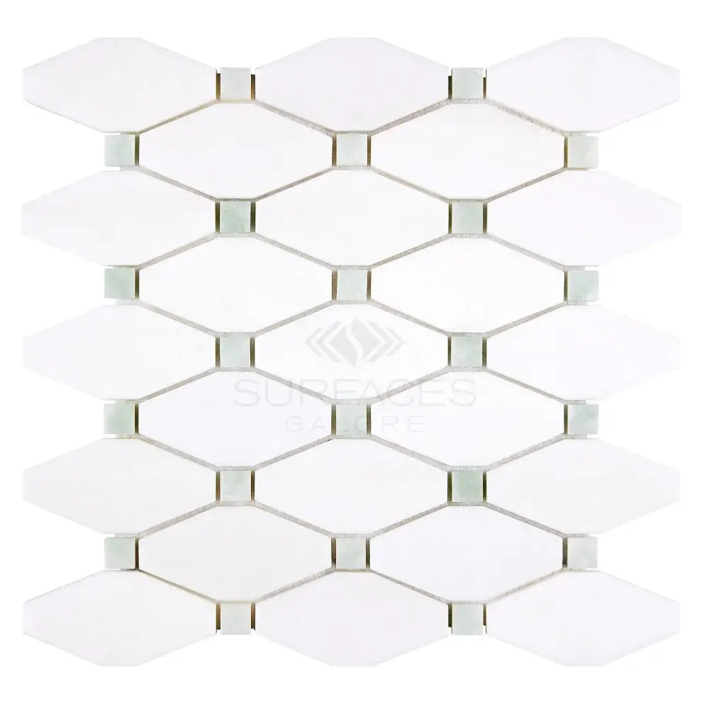 White diamond mosaic tile from Thassos Supreme Octave with Ming-Green accents