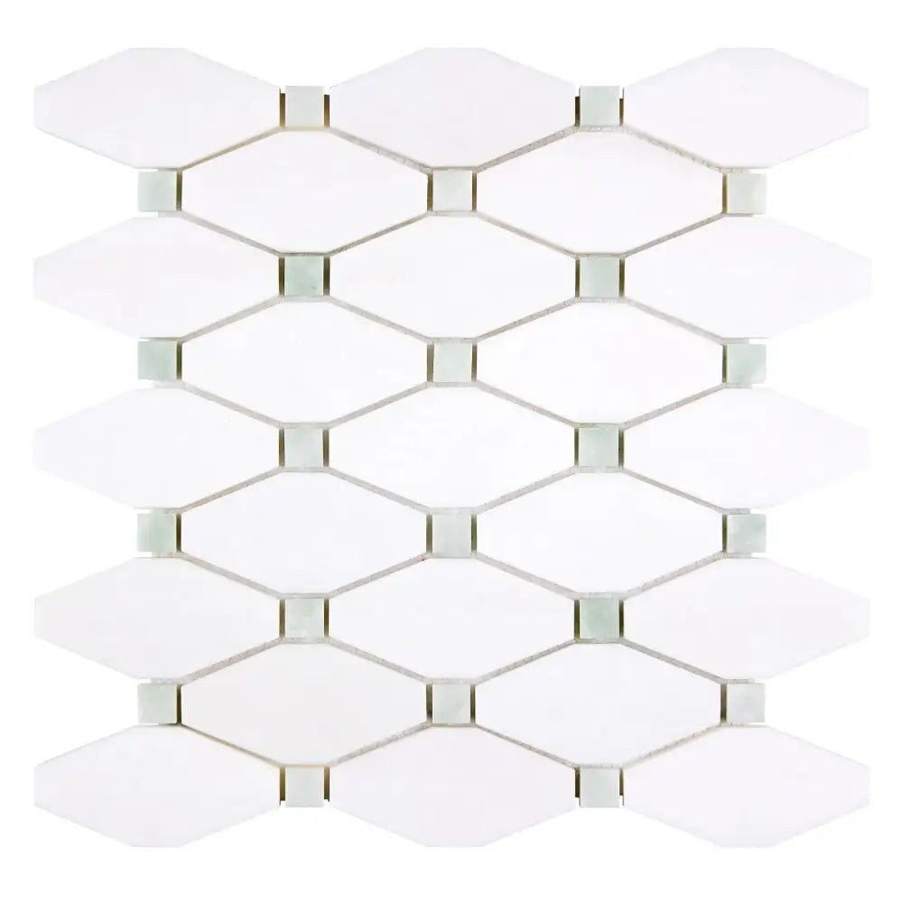 White diamond mosaic tile from Thassos Supreme Octave with Ming-Green accents