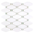 White diamond mosaic tile from Thassos Supreme Octave with Ming-Green accents