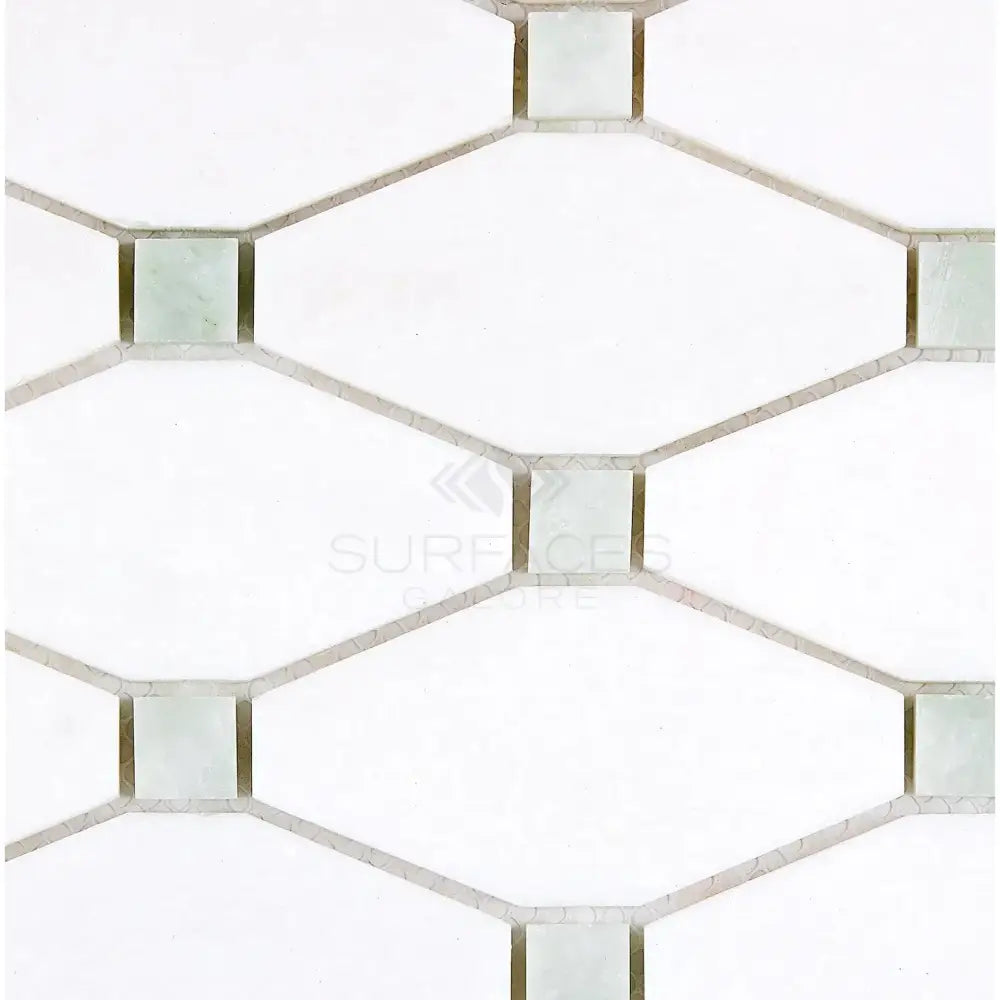 Geometric tile pattern of Thassos Supreme Octave Mosaic Marble with Ming-Green finish
