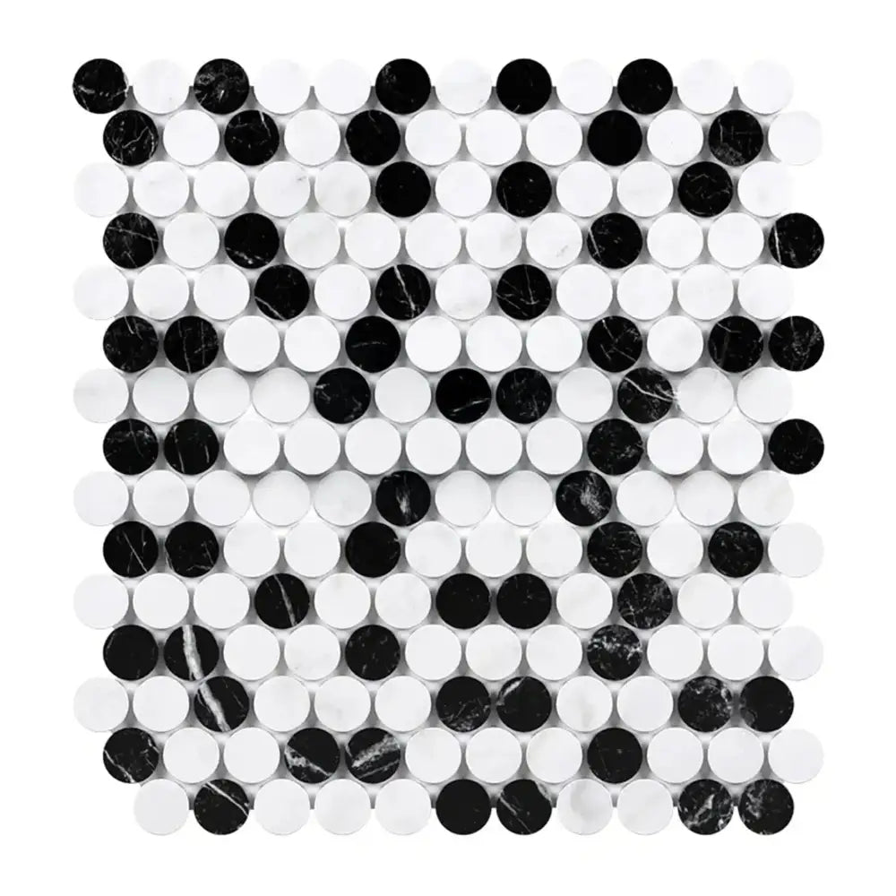Black and white circular mosaic tile sheet for Thassos Supreme Penny-Round marble backsplash