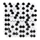 Black and white circular mosaic tile sheet for Thassos Supreme Penny-Round marble backsplash