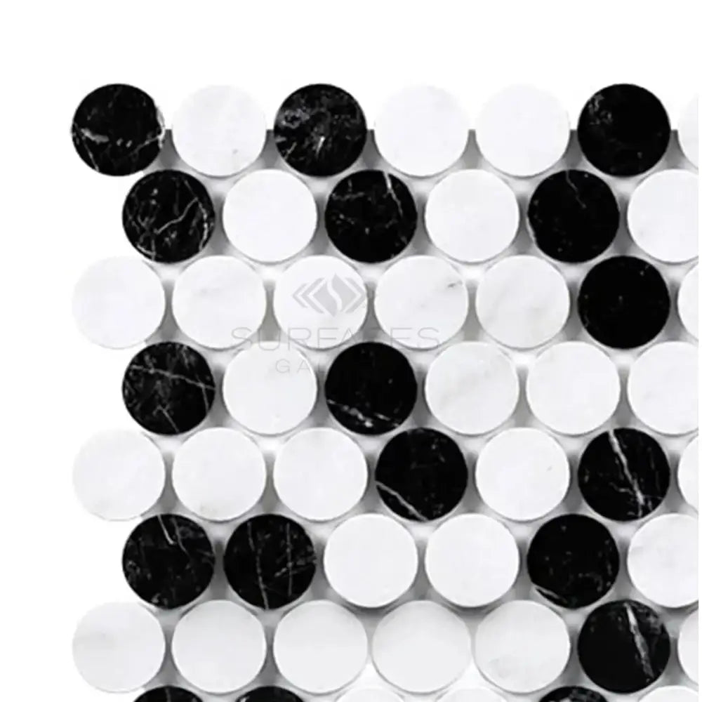 Black and white circular mosaic tiles from Thassos Supreme Penny-Round marble collection