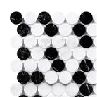 Black and white circular mosaic tiles from Thassos Supreme Penny-Round marble collection