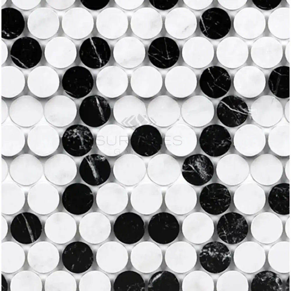 Black and white penny tile from Thassos Supreme mosaic marble product