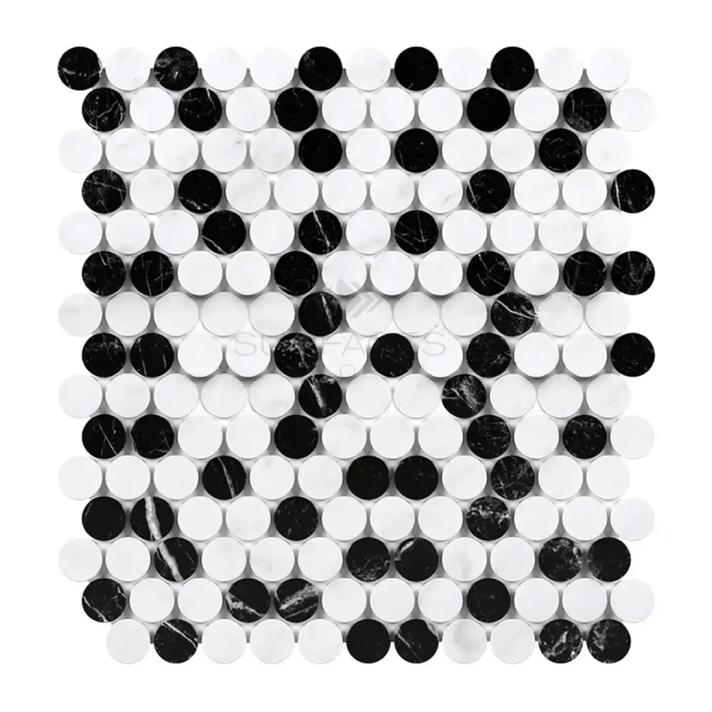 Black and white penny tile mosaic from Thassos Supreme marble collection