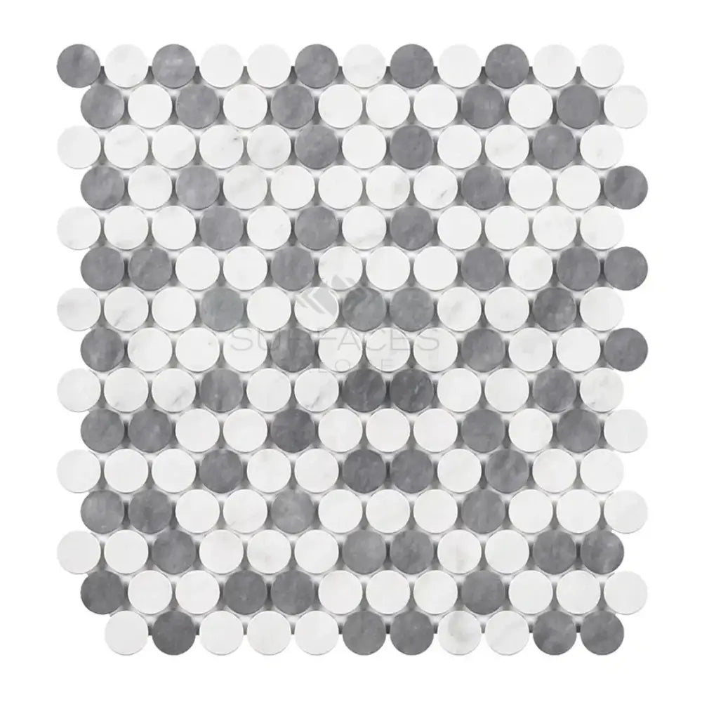 Alternating gray and white circular mosaic tile sheet for Thassos Supreme Penny-Round Mosaic