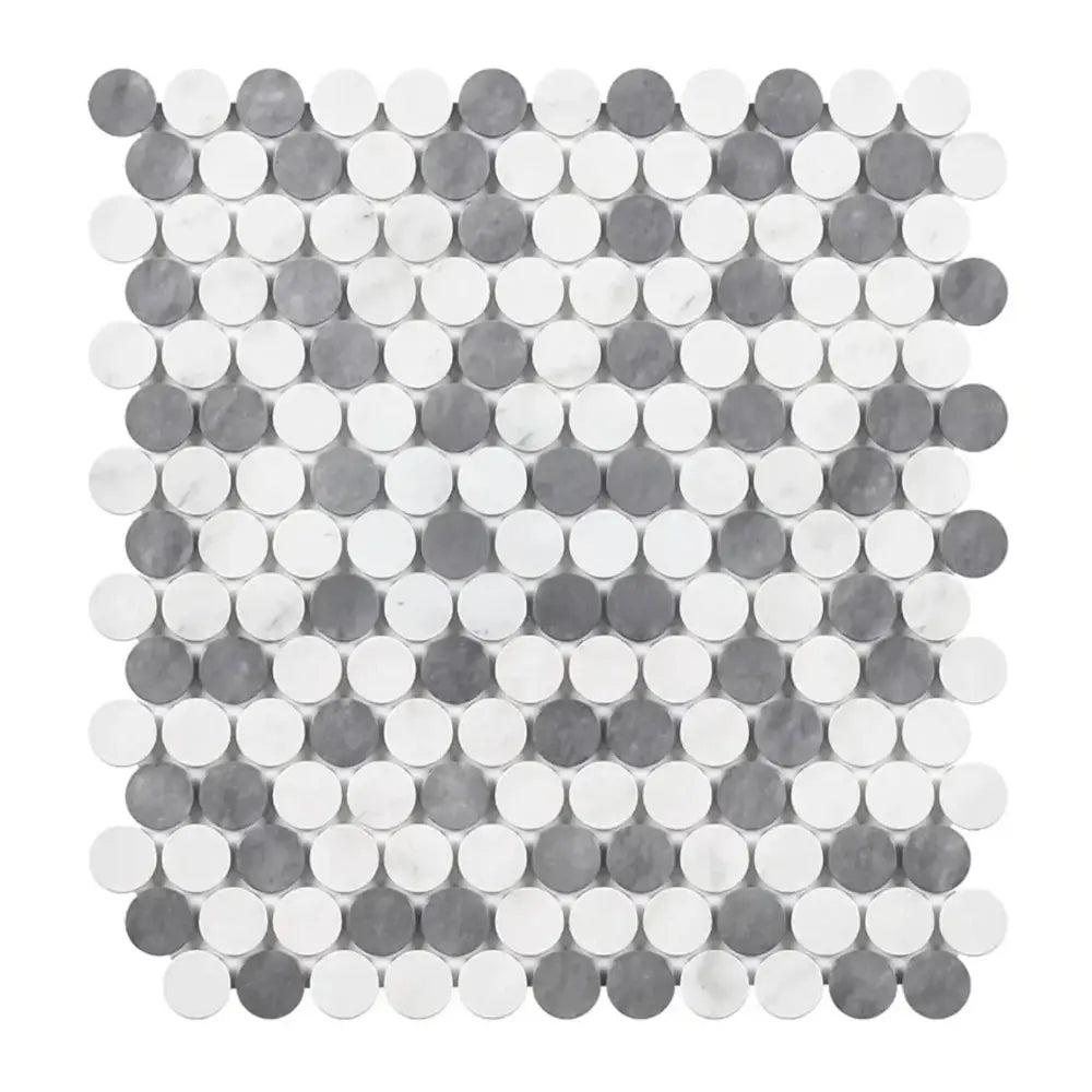 Circular gray and white mosaic tile from Thassos Supreme Penny-Round marble collection