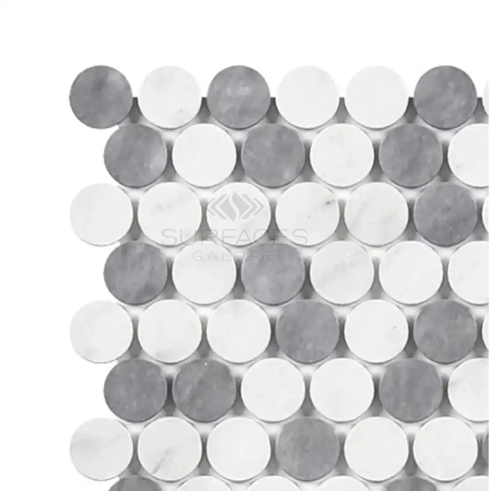 Gray and white penny tile from Thassos Supreme mosaic marble, polished or honed finish