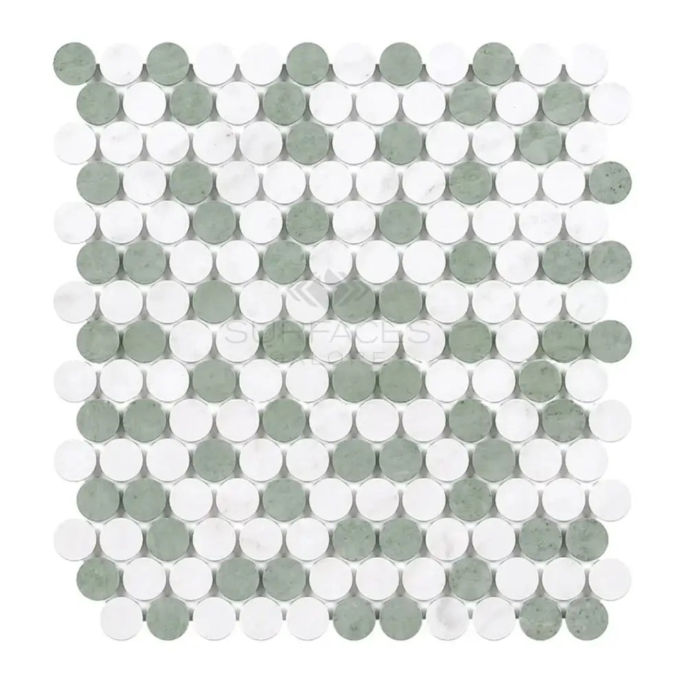 Round mosaic tile pattern in Thassos Supreme Penny-Round marble for luxurious flooring