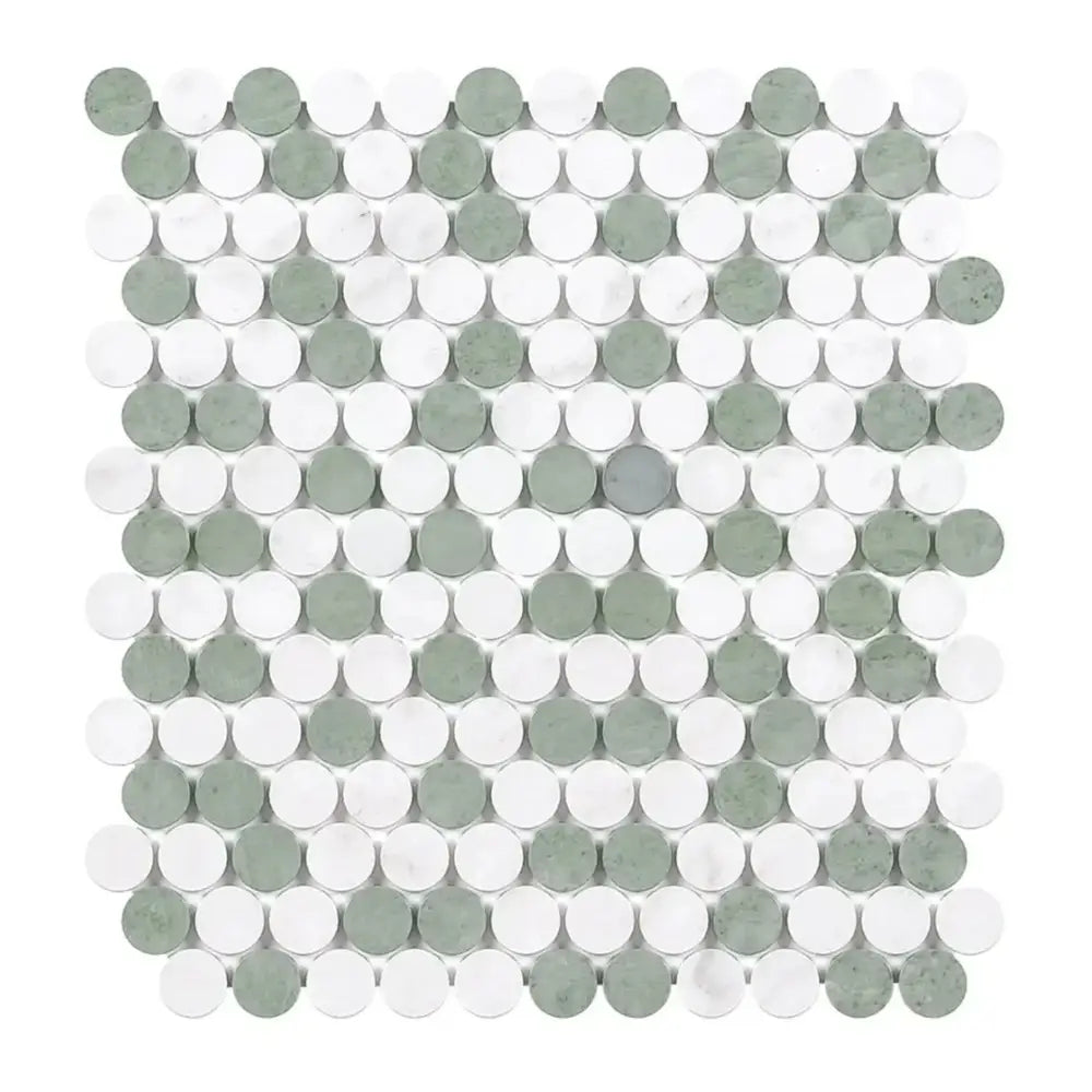 Alternating white and gray penny tile from Thassos Supreme marble mosaic