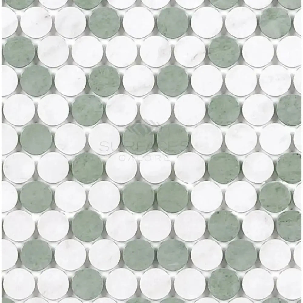 Alternating white and green penny tile pattern in Thassos Supreme Mosaic Marble