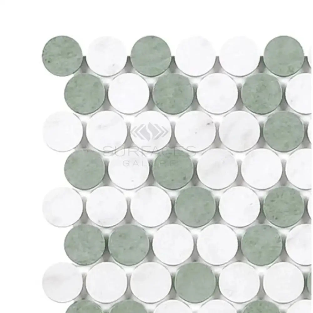 Alternating green and white penny tile from Thassos Supreme Mosaic Marble