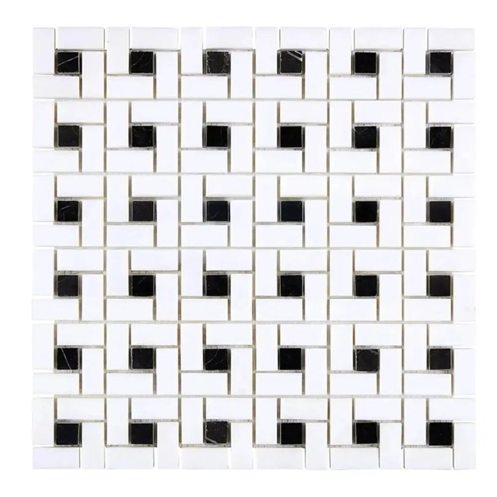 Square mosaic tile pattern of Thassos Supreme Pinwheel Mosaic with Black Marble