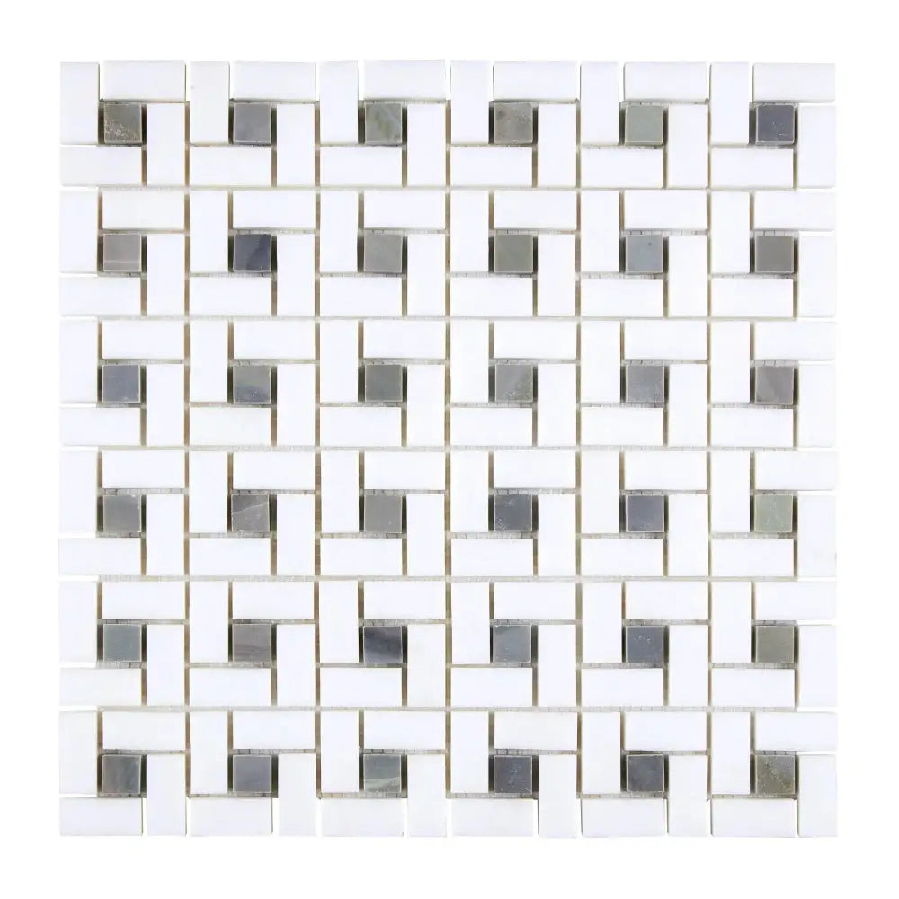 White and gray mosaic tile pattern from Thassos Supreme Pinwheel Mosaic with Blue-Gray accents