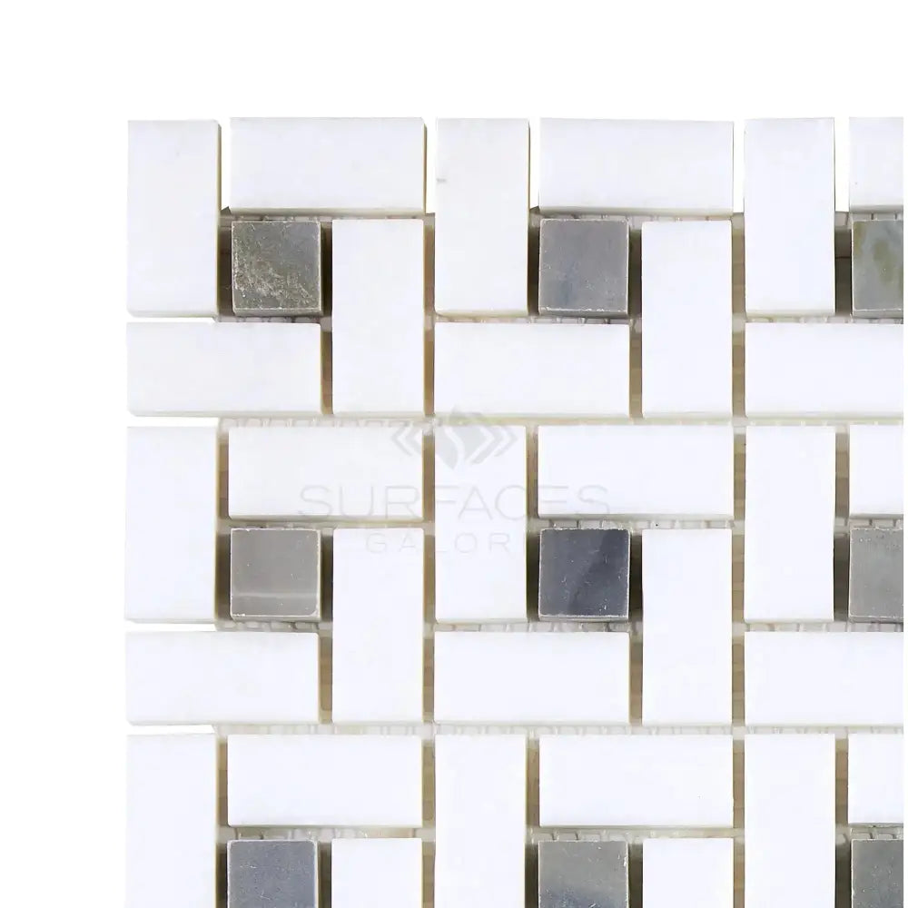 White and silver mosaic tile pattern from Thassos Supreme Pinwheel Mosaic with Blue-Gray accents