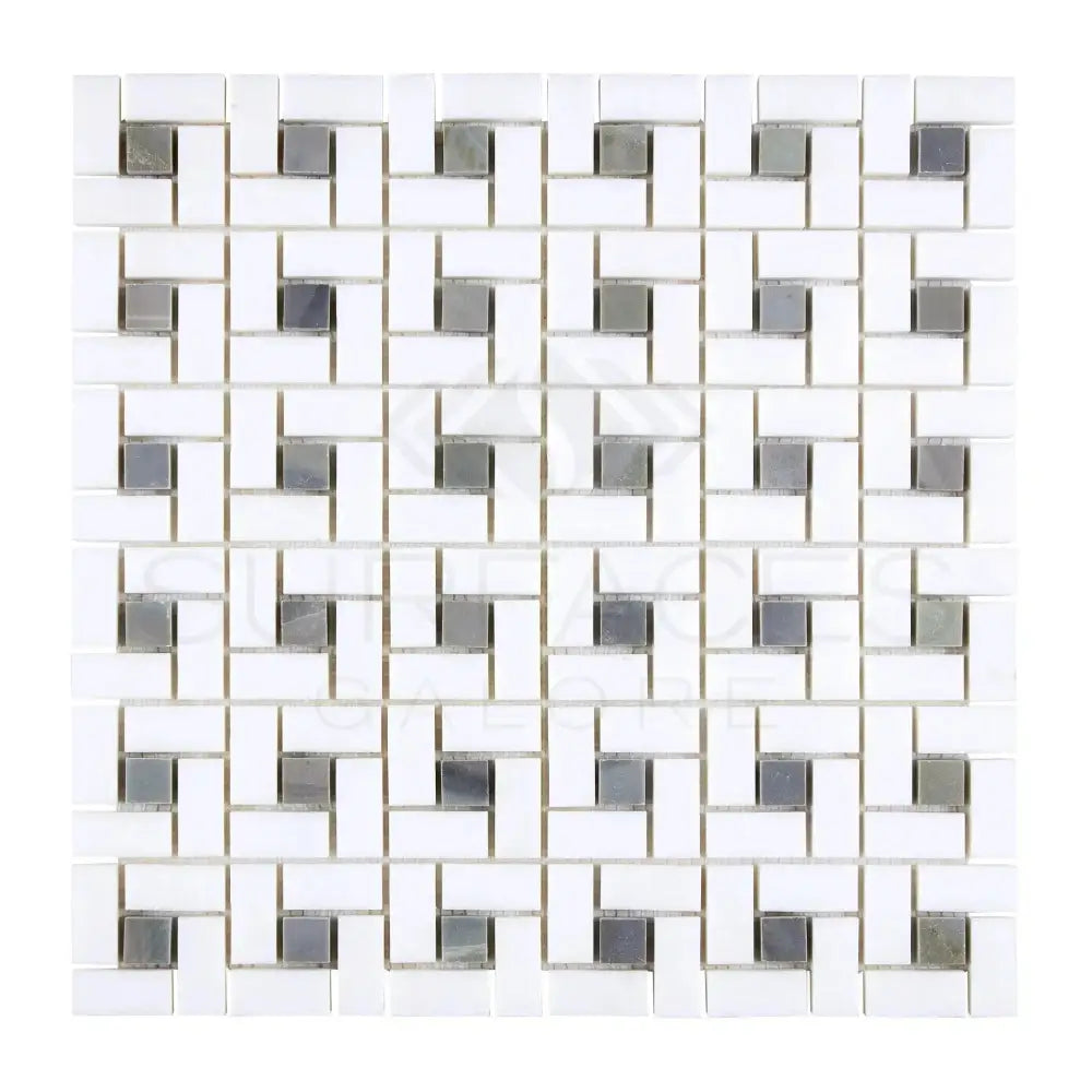White and gray mosaic tile pattern for Thassos Supreme Supreme Pinwheel Mosaic with Blue-Gray finish