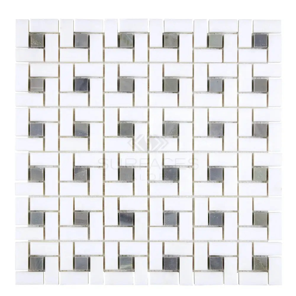 White and silver mosaic tile pattern for Thassos Supreme Pinwheel Mosaic with Blue-Gray accents