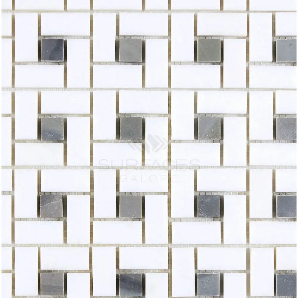 Thassos Supreme Pinwheel Mosaic with Blue-Gray Marble Pattern for elegant flooring or wall decor