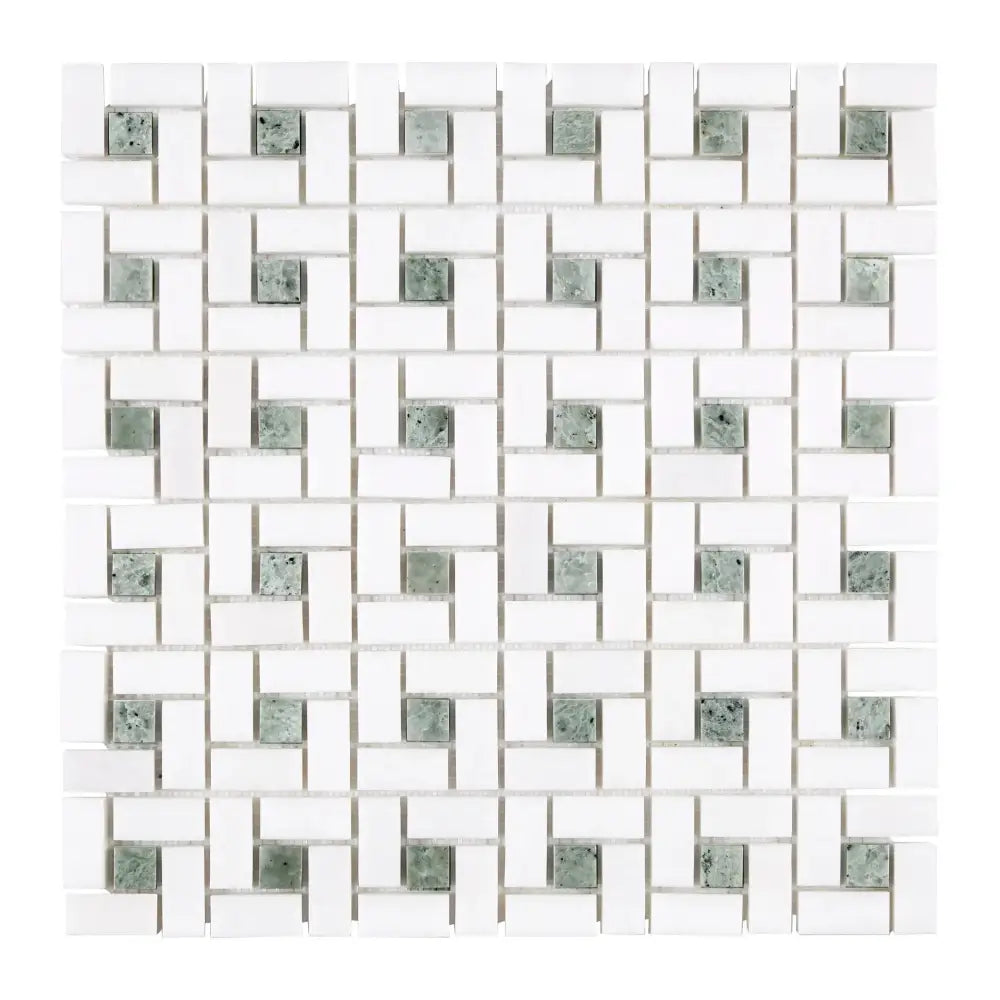 Thassos Supreme Pinwheel Mosaic tile pattern with Ming-Green marble finish