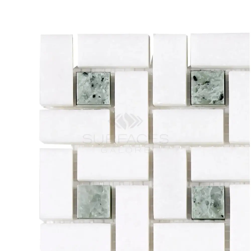 White and green mosaic tile pattern from Thassos Supreme Pinwheel Mosaic with Ming-Green marble