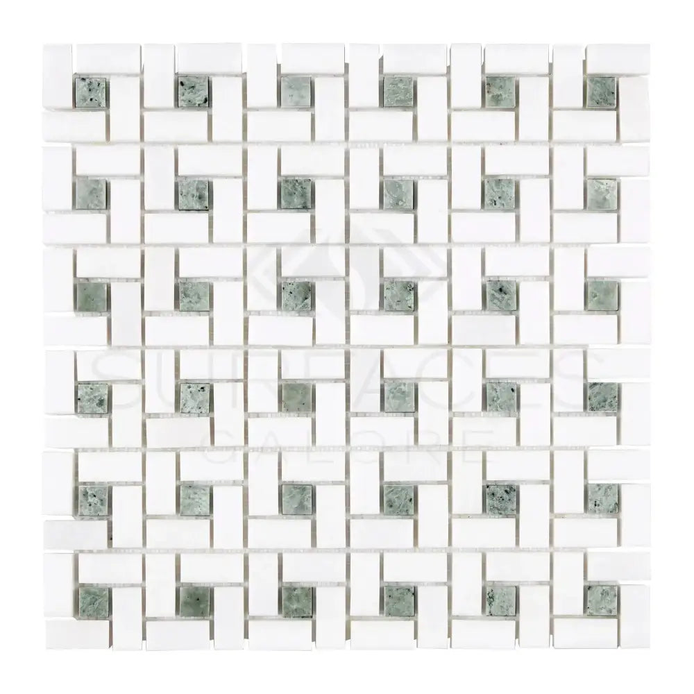 White and green mosaic tile pattern from Thassos Supreme Pinwheel Mosaic collection